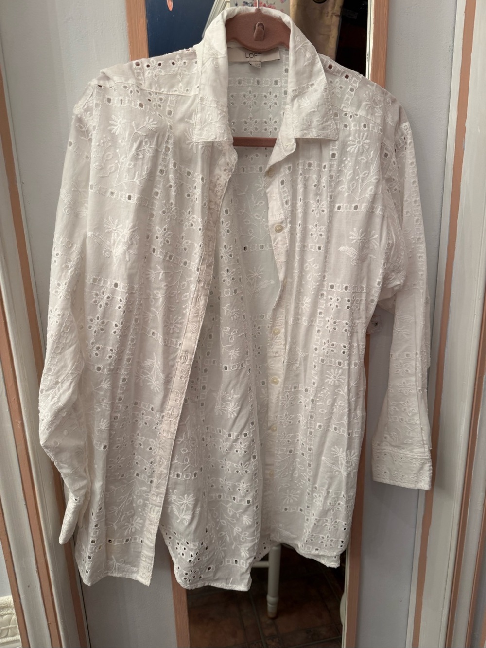 LOFT White Eyelet Button-Front Top